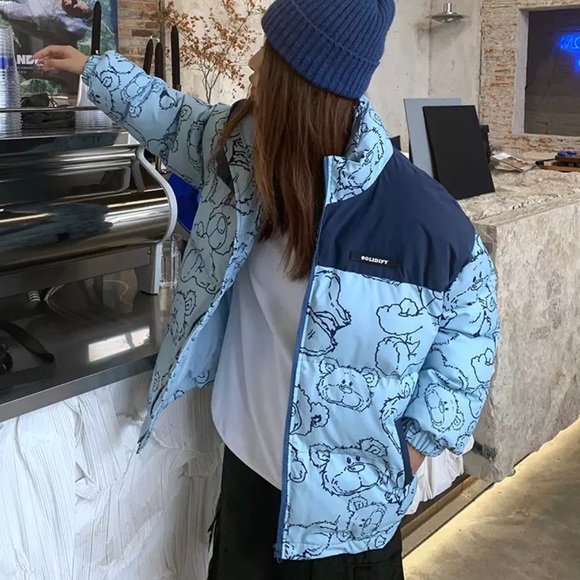 Cartoon Bear Print Oversized Jacket Loose Crop Puffer and Korean Knitted Beanie - Picture 7 of 14